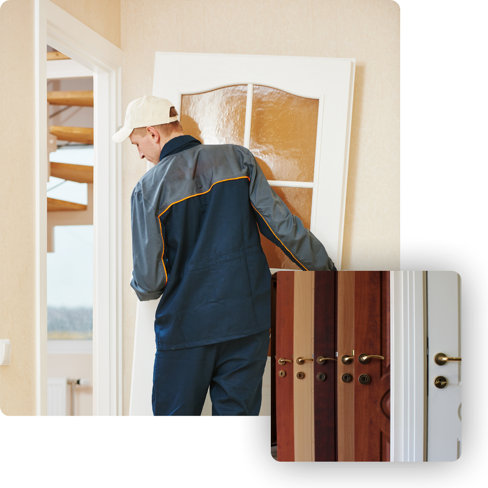 Professional installer carrying a new door into a home, showcasing quality craftsmanship and a variety of door designs.