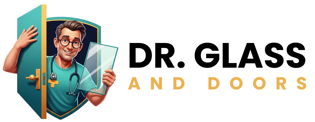 Illustration of a smiling man in a teal shirt holding a glass panel and standing at an open door, representing Dr. Glass and Doors emergency glass repair services.