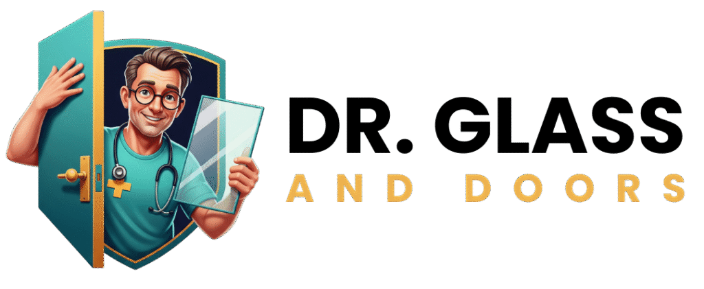 Illustration of a friendly technician holding a glass panel, representing Dr. Glass And Doors, emphasizing glass and door services.