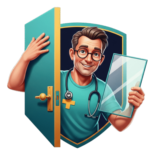 Friendly technician holding a piece of glass and opening a door, representing Dr. Glass And Doors' glass and door services.