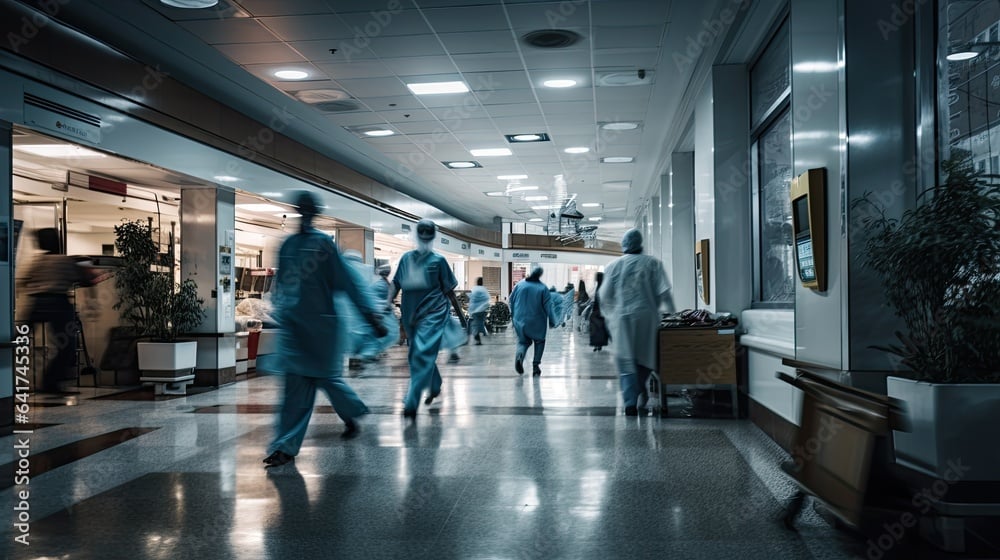 Medical staff in scrubs hurrying through hospital corridors, highlighting the urgency and pace of healthcare facilities.