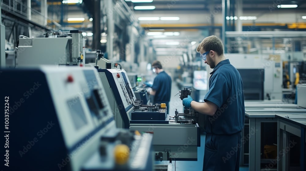 Skilled worker operating machinery in a modern manufacturing facility, emphasizing industrial production and safety in demanding environments.