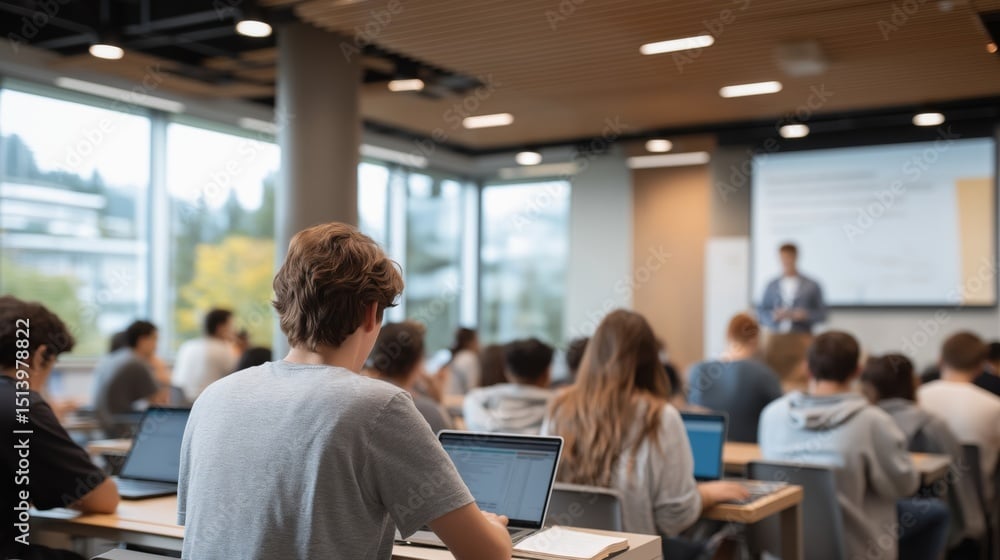 Diverse students engaged in a classroom lecture with laptops, instructor presenting information on screen in a modern educational environment.