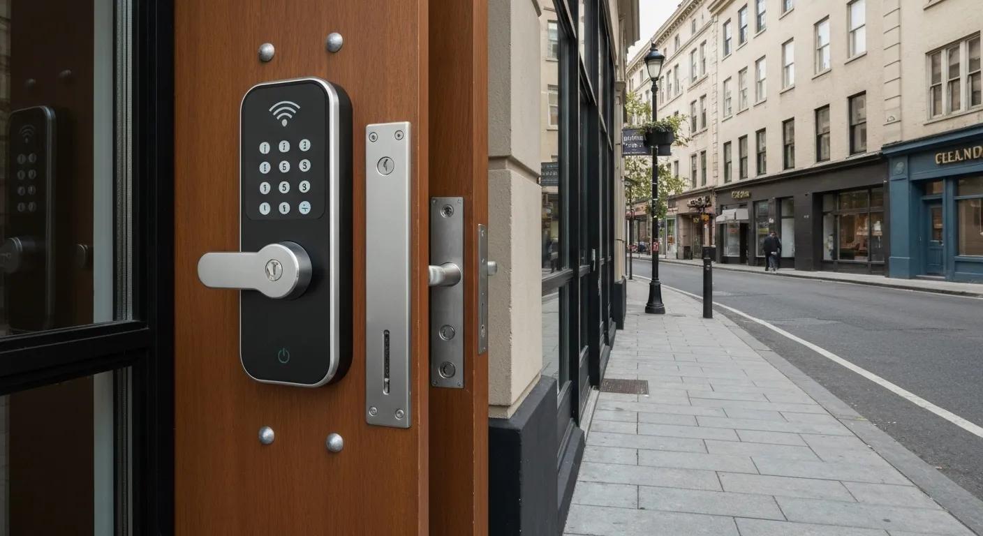 Secure commercial door with digital lock and keypad, enhancing business safety and entrance aesthetics in urban setting.