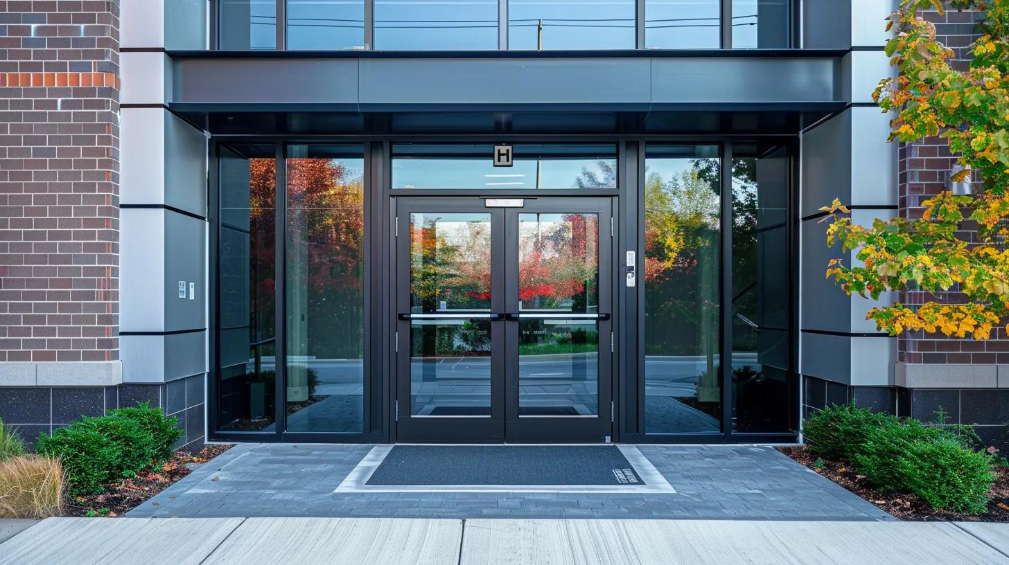 Modern glass entrance doors with a sleek design, surrounded by landscaped greenery, enhancing the facade of a commercial building in Washington DC.