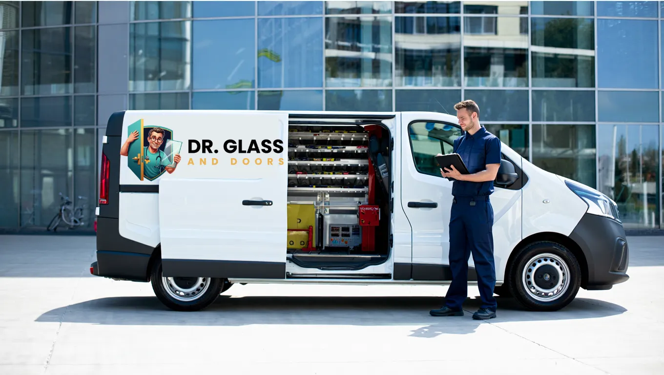 Dr. Glass and Doors service van with technician holding a tablet, showcasing commercial door installation expertise in Washington, DC.