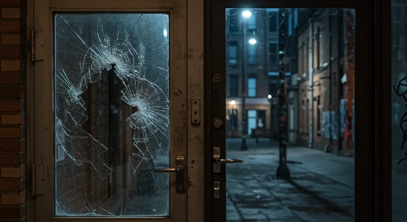 Broken glass door with visible cracks and damage, highlighting security concerns for commercial properties in urban settings.