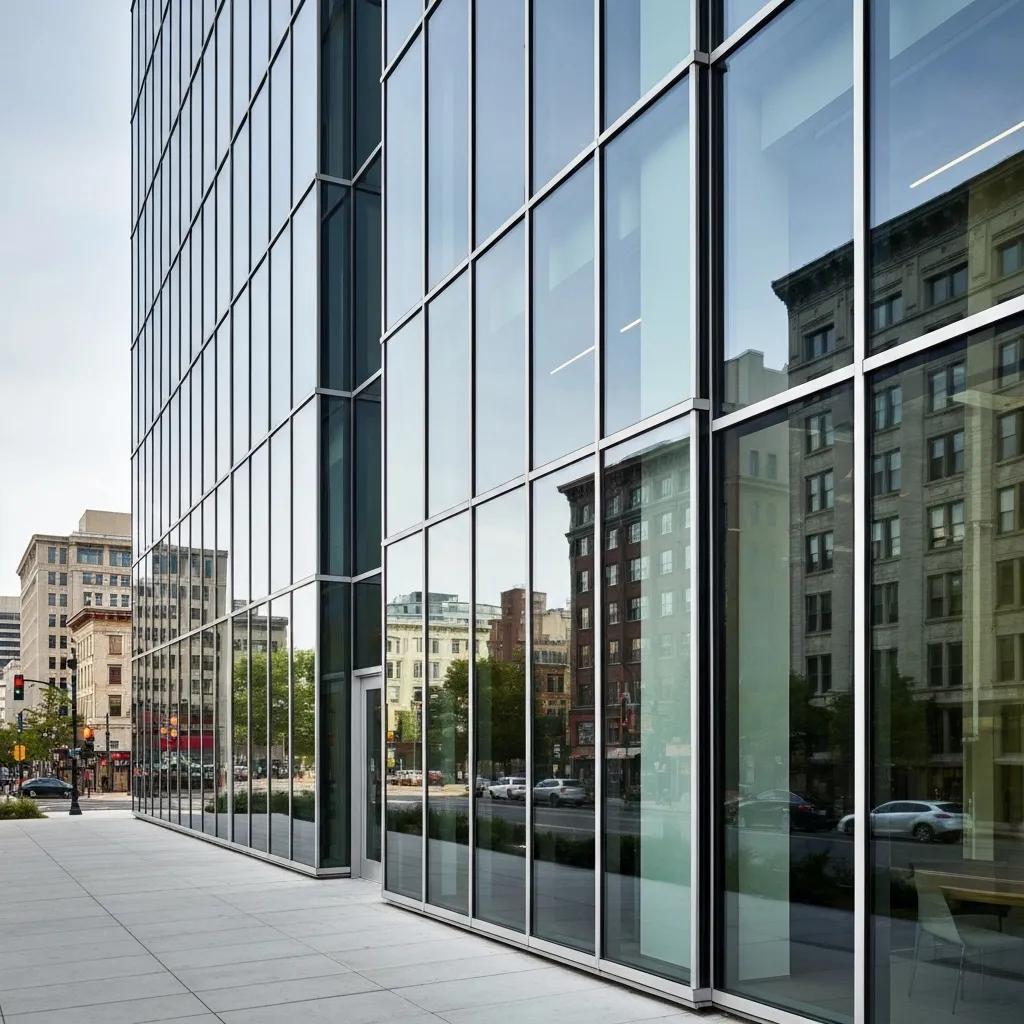 Modern commercial glass facade reflecting urban architecture in Washington DC, showcasing sleek design and enhancing building aesthetics.