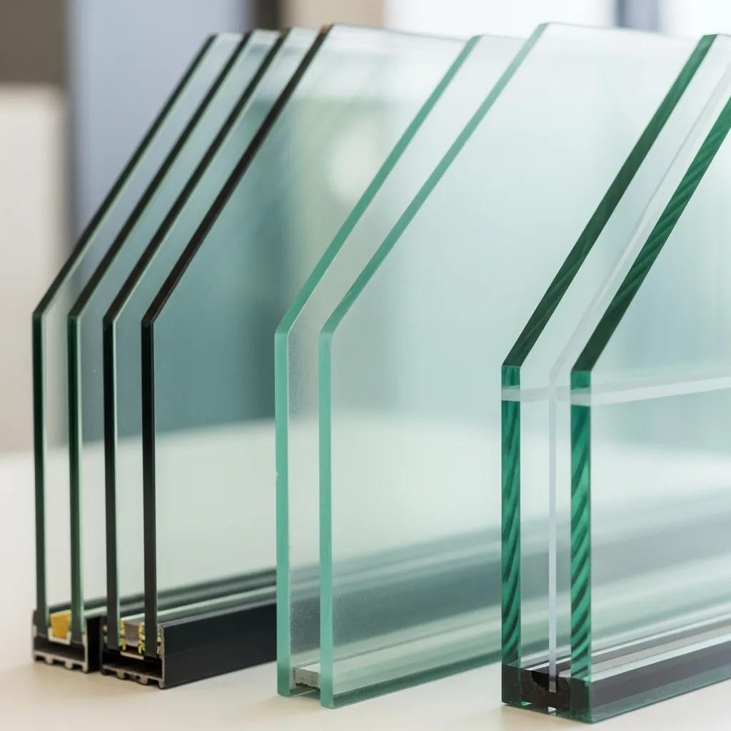 Close-up of commercial glass types: insulated units, tempered panels, and laminated safety glass
