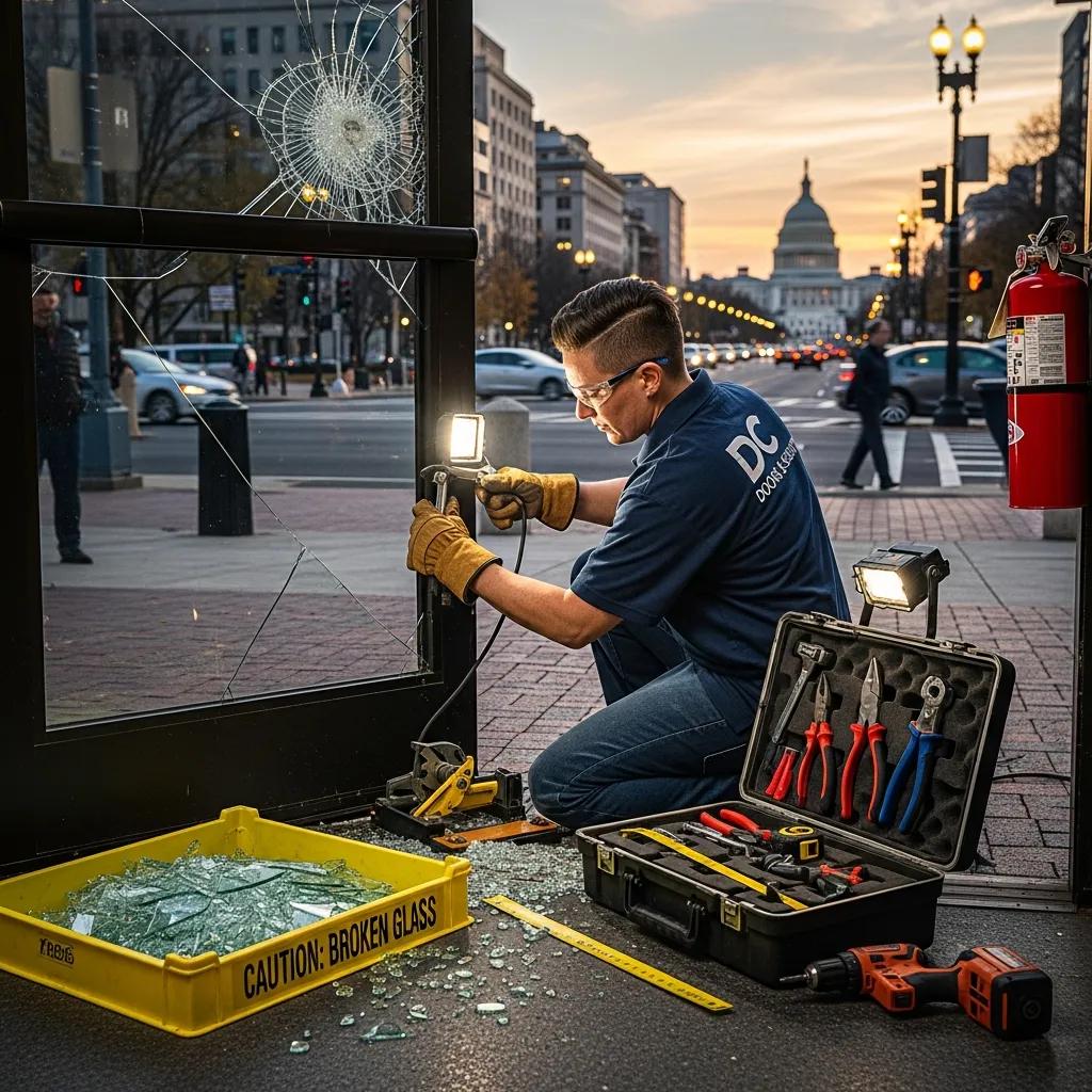 Technician repairing a commercial glass door in Washington DC, emphasizing emergency repair services